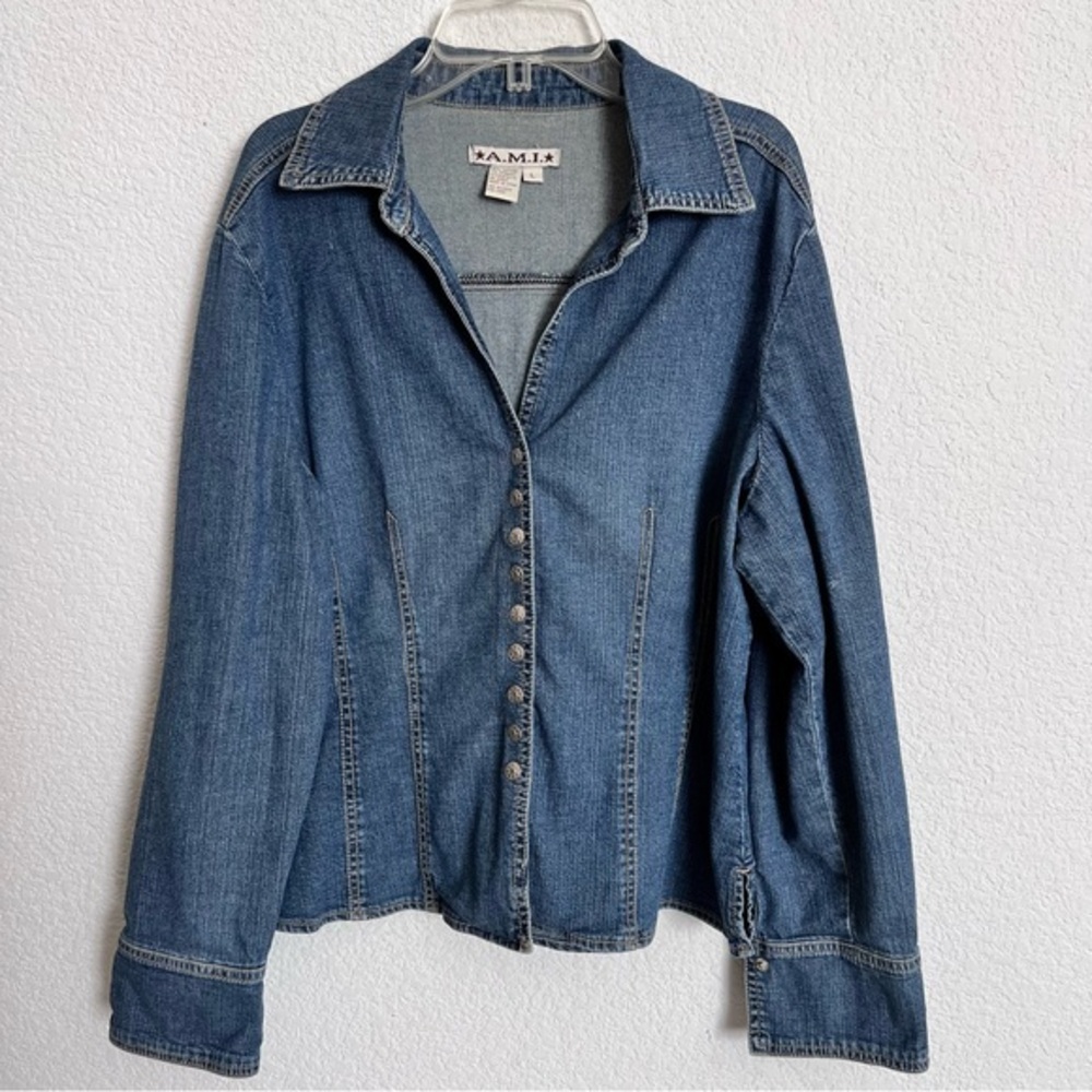 A.M.I. Medium Wash Blue Demin Jean Snap Front Shirt Jacket Shacket Large